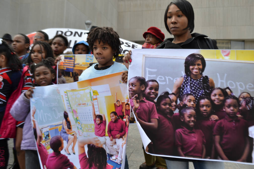 Cheerleaders from Ferebee-Hope Elementary School performed at the March 29 rally to protet the closing of their school