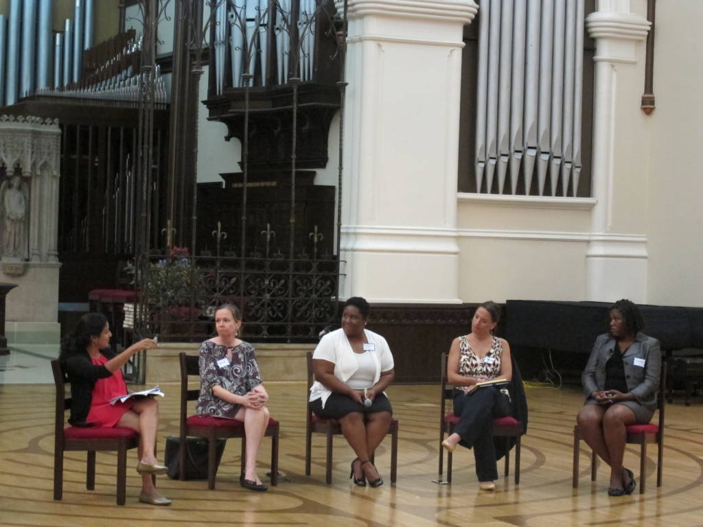 Photo of Cardoza, Larson, Jones, Dukes, and Sanders discussing their experiences with child homelessness.