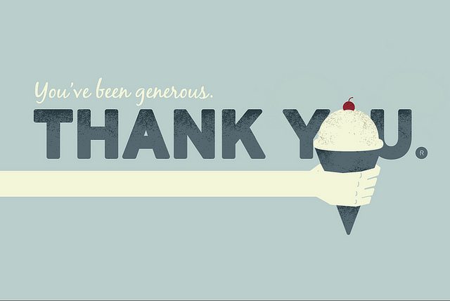 Illustration of a hand holding an ice cream cone with the words "You've Been Generous, Thank You."