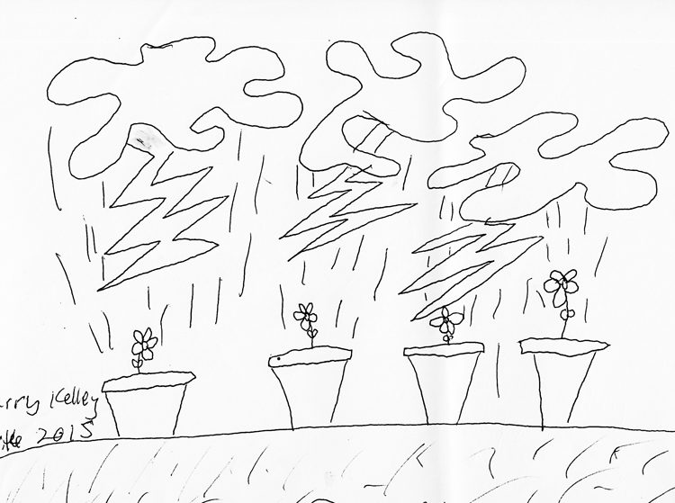 Illustration of a lighting storm, rain clouds, and flower pots.
