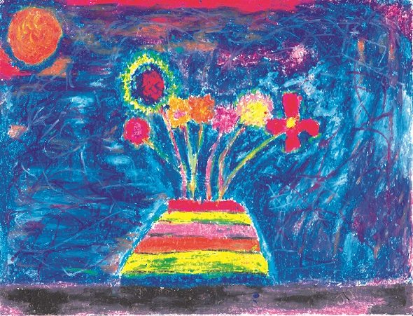 An illustration of flowers in a flower pot.