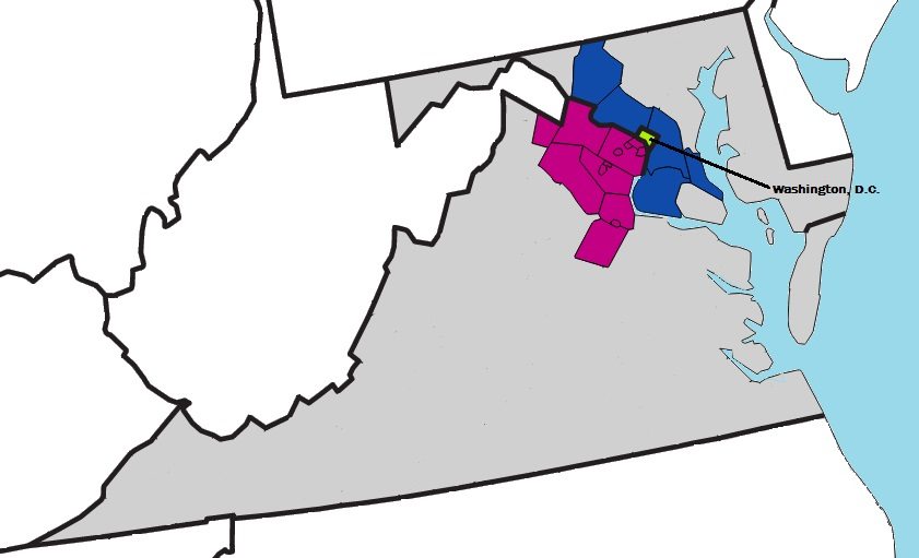 A graphic showing the portions of Maryland and Virginia that are included in the D.C. metro area Fair Market Rent (FMR) calculation.