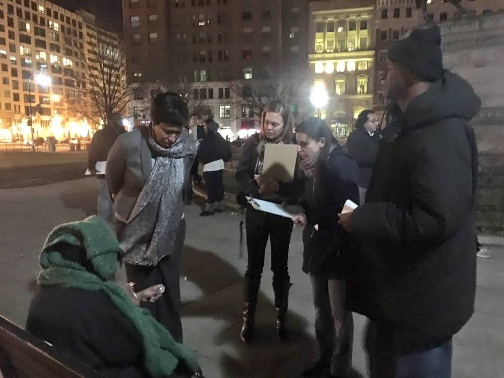 D.C. Mayor Muriel Bowser and DHS Director Laura Zeilinger interview a homeless woman.