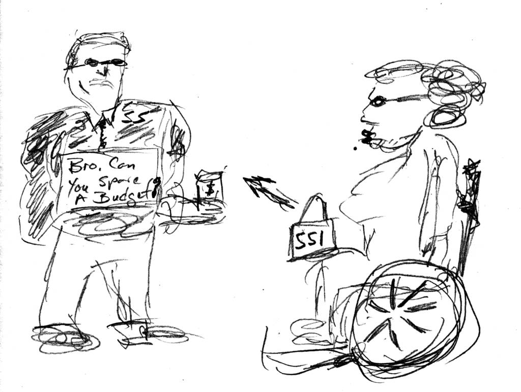 Comic depicting Trump asking for budget funds from a disabled person in a wheelchair