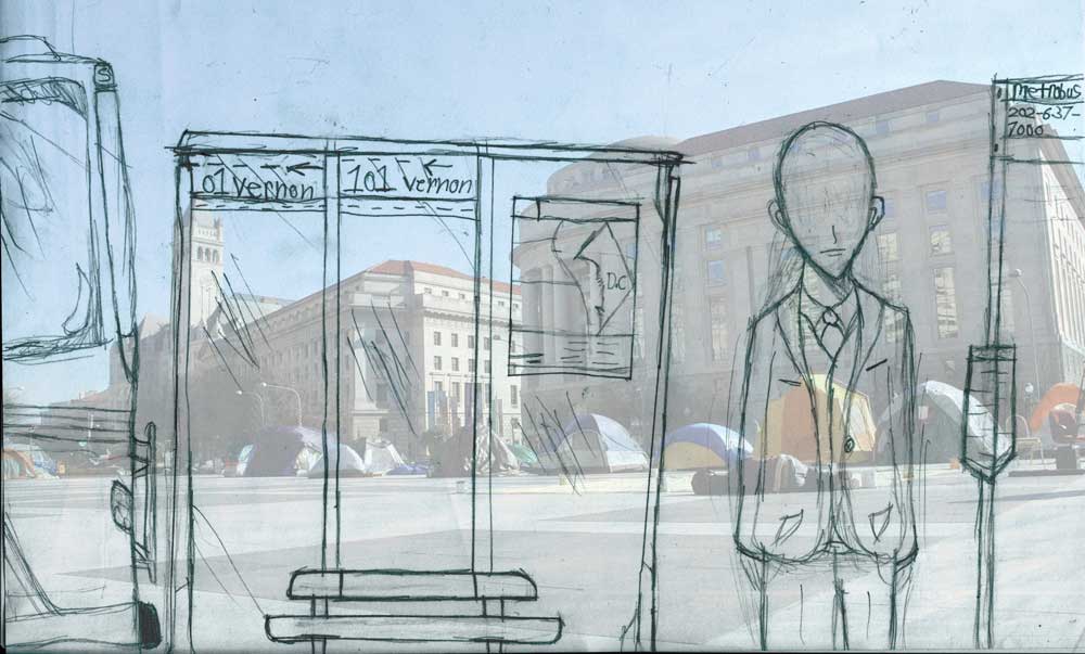 A pencil drawing overlaid onto a picture of a street.