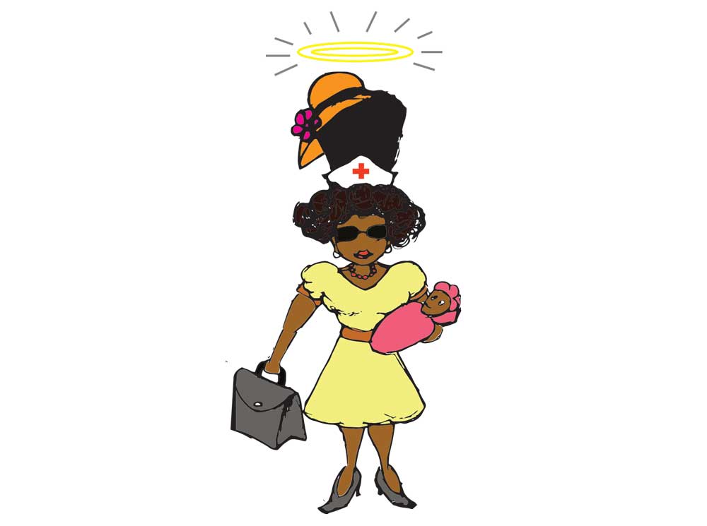 Drawing of a mother holding a baby, and a briefcase, adn wearing many hats, including a halo.