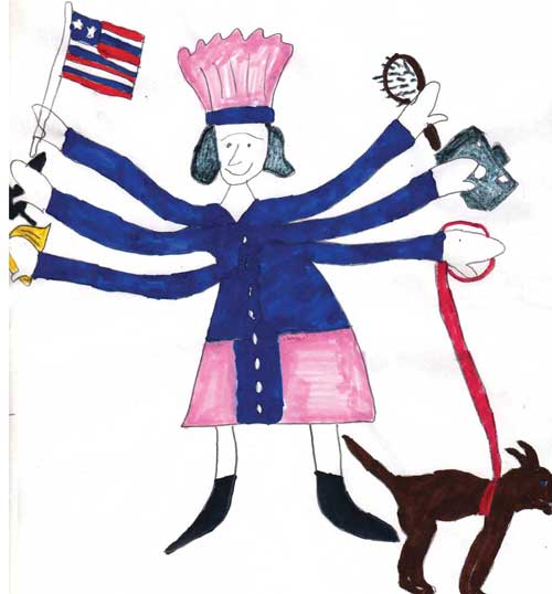 A drawing of a mother doing many things