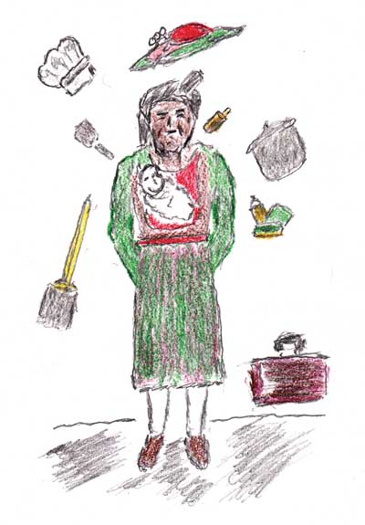A photo of a mother holding her child while doing many other things.