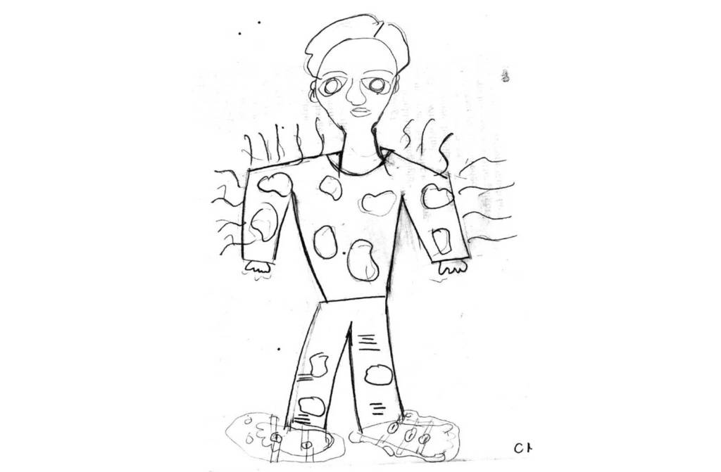 An illustration of a man with a ragged sweater.
