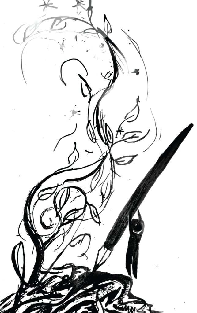 A drawing of plants, a little guy, and a pen