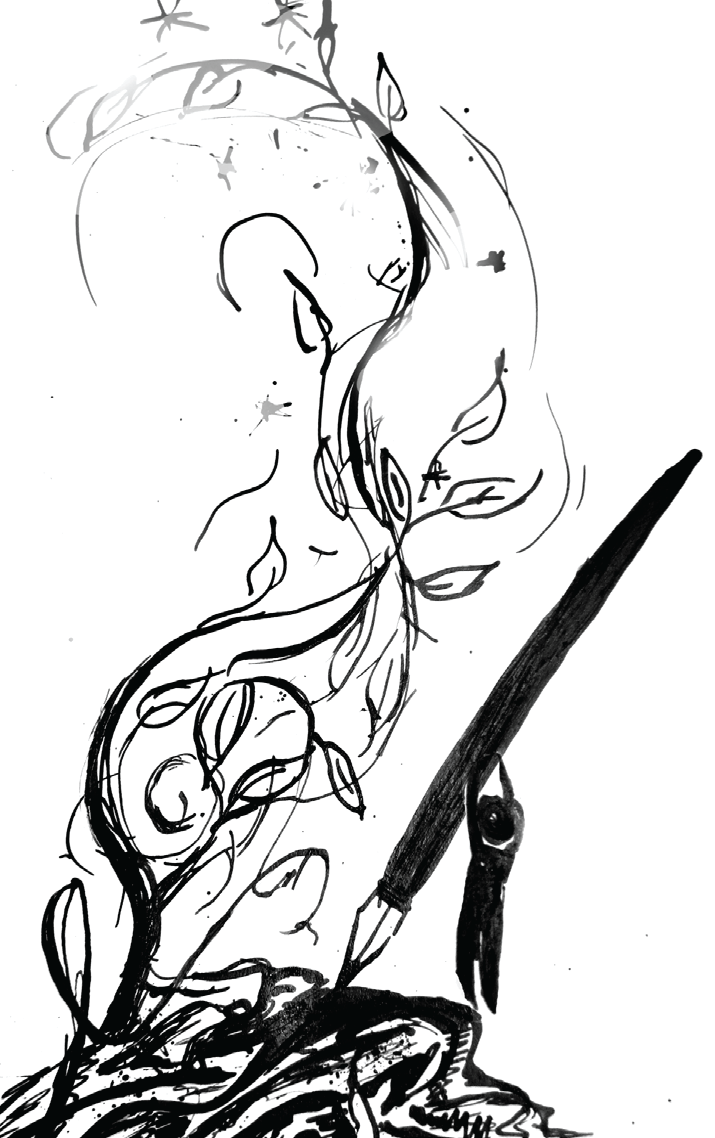A drawing of plants, a little guy, and a pen