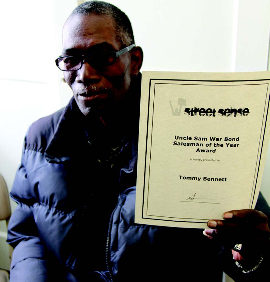 Tommy Bennet, vendor #3 received the Uncle Sam War Bond Salesman of the Year Award after being portrayed as Uncle Sam on a recruitment poster for veteran vendors to train newcomers.