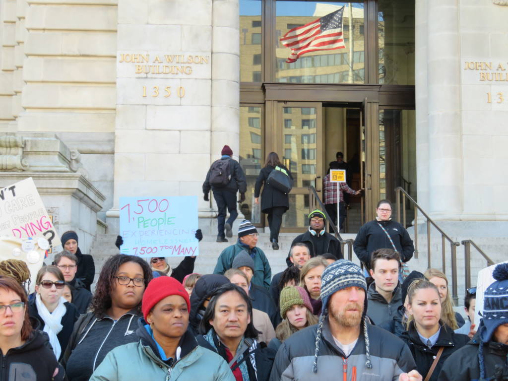 Marchers at the Way Home Campaign rally gathered in front of the Wilson Building