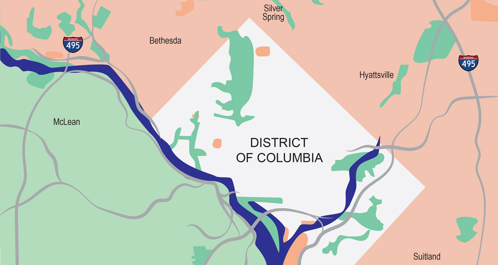 Illustrated map depicting Washington, D.C. and surrounding parts of Maryland and Virginia