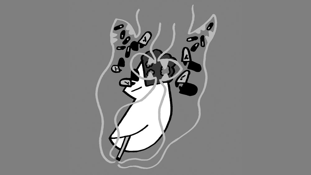 An illustration of drug-monsters eating brain cells.