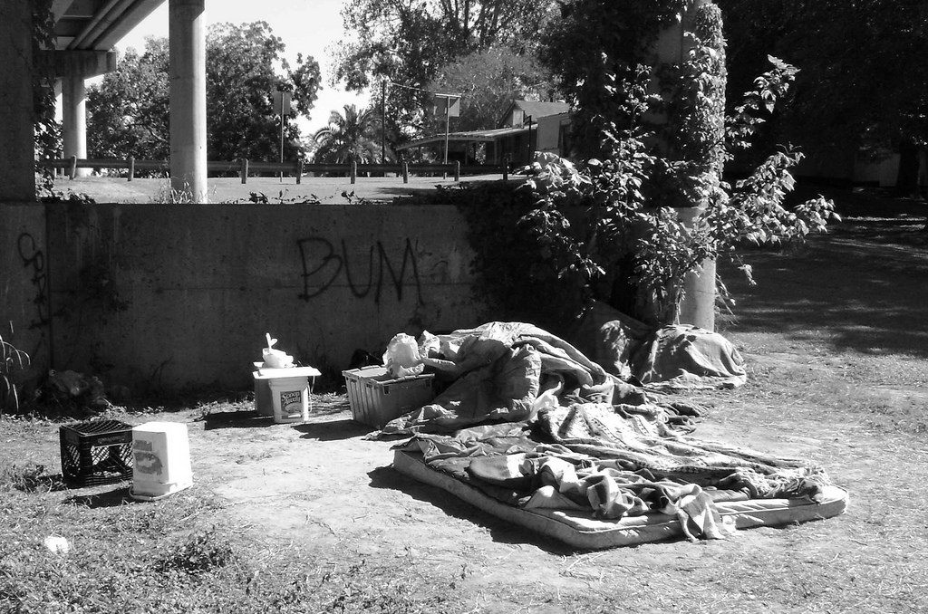 Black and White image of homeless man sleeping next to a tree