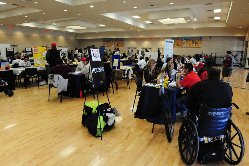 Homeless veterans receive aid at a "Veterans Stand Down" event.