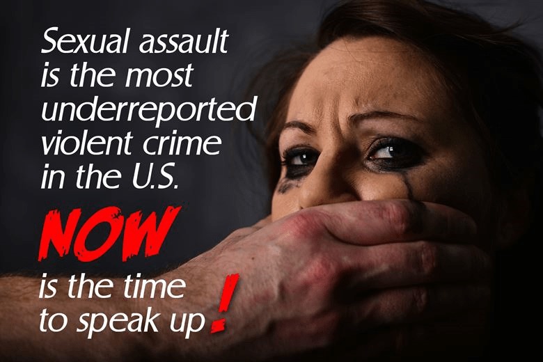 A photo illustration of an abused woman staring into the camera while a man's hand covers her mouth.