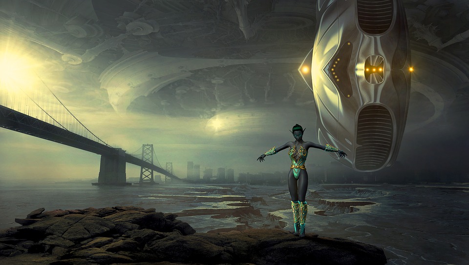 An illustration of an alien being standing along along a shore with a bridge in the background.