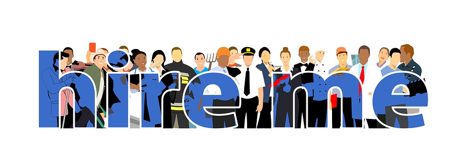 An illustration of the words "Hire me" superimposed on images of people in various professions.