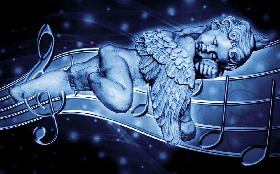 A photo-illustration of an angel resting on a stringed instrument.