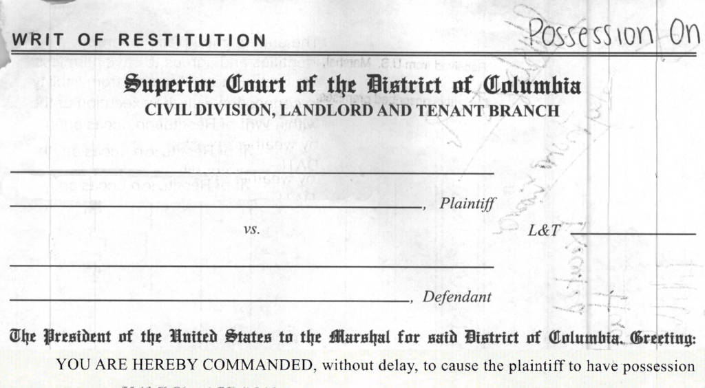 Image of a blank writ of restitution for D.C.