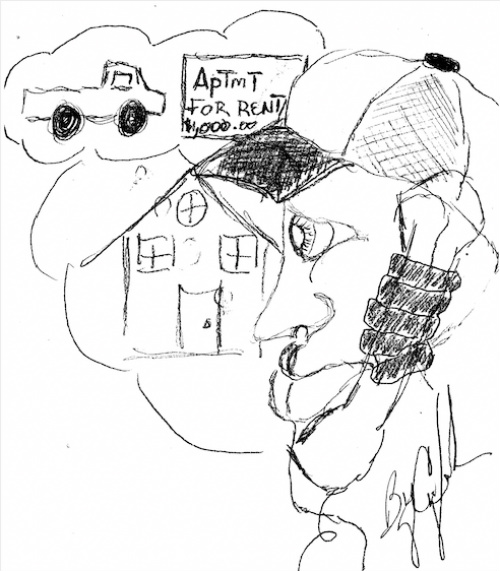 Illustration of a man speaking on the telephone with a thought bubble with a car and a rent sign in it