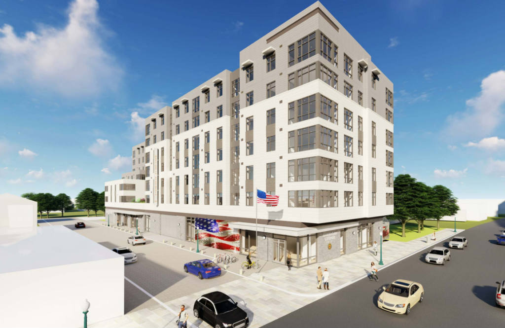 A rendering of a propsoed building on a street corner