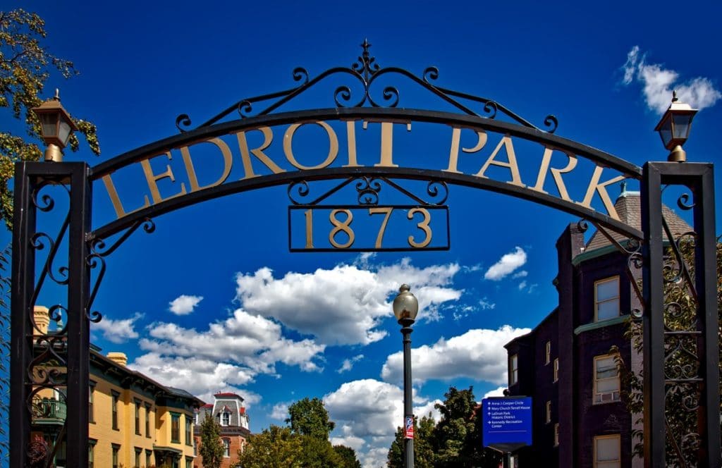 Photo of a metal gateway that says "LeDroit Park."