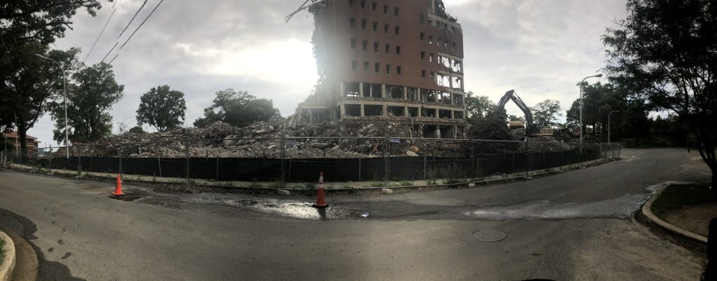 Photo of the partly demolished 801 East Shelter