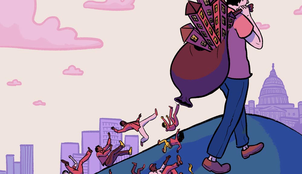 Illustration of a giant walking up a hill carrying a sack over his shoulder. The sack is overflowing with housing at the top, but many people are falling out and being left behind through a hole in the bottom of the sack. There is a Washington, DC, skyline in the background, identifiable by the US Capitol building.