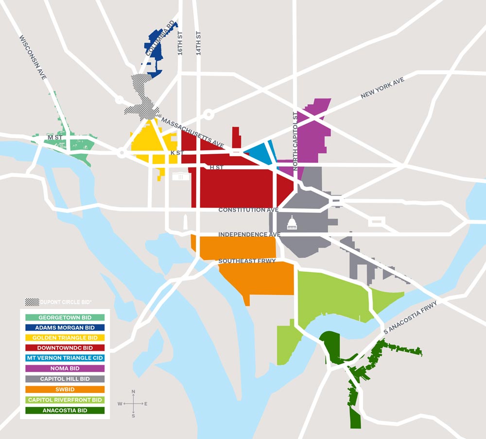a map of DC with colored blocks designating the boundaries of various BIDs