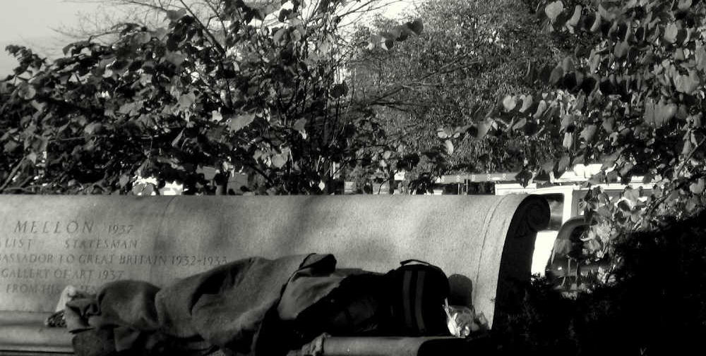 Photo of a person sleeping on a bench with the Washington Monument visible behind them.