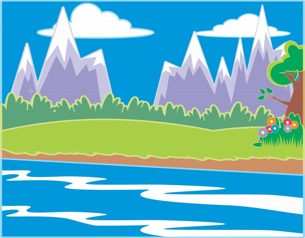 A cartoon of a mountain in front of a lake.