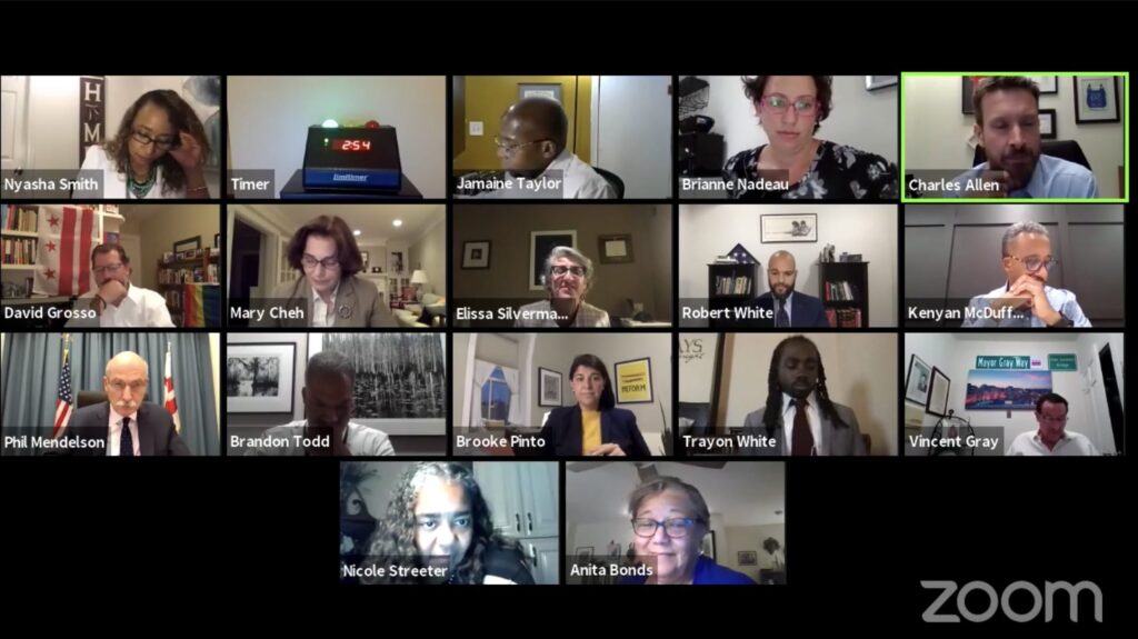 A screenshot of councilmembers meeting virtually through Zoom.