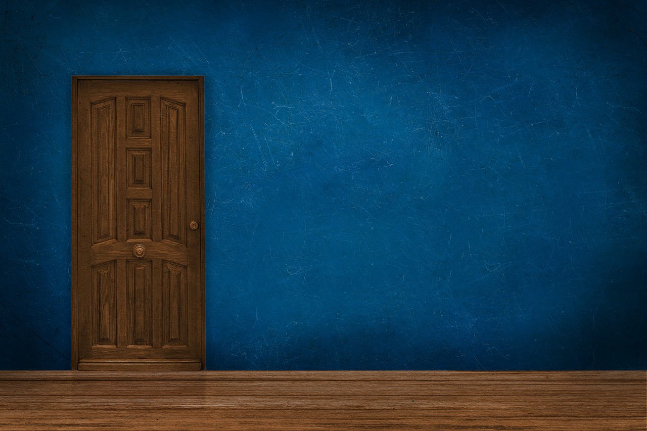 A closed brown door inset in a blue wall.