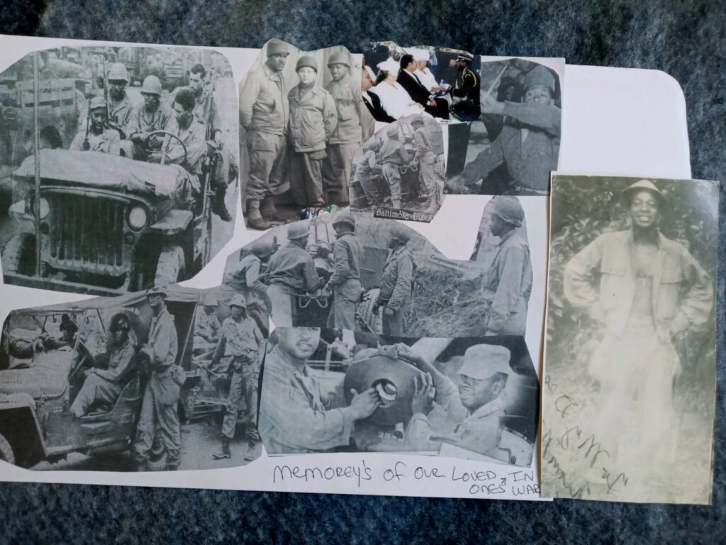 Black and white photos combined and overlapping on a sheet of paper.