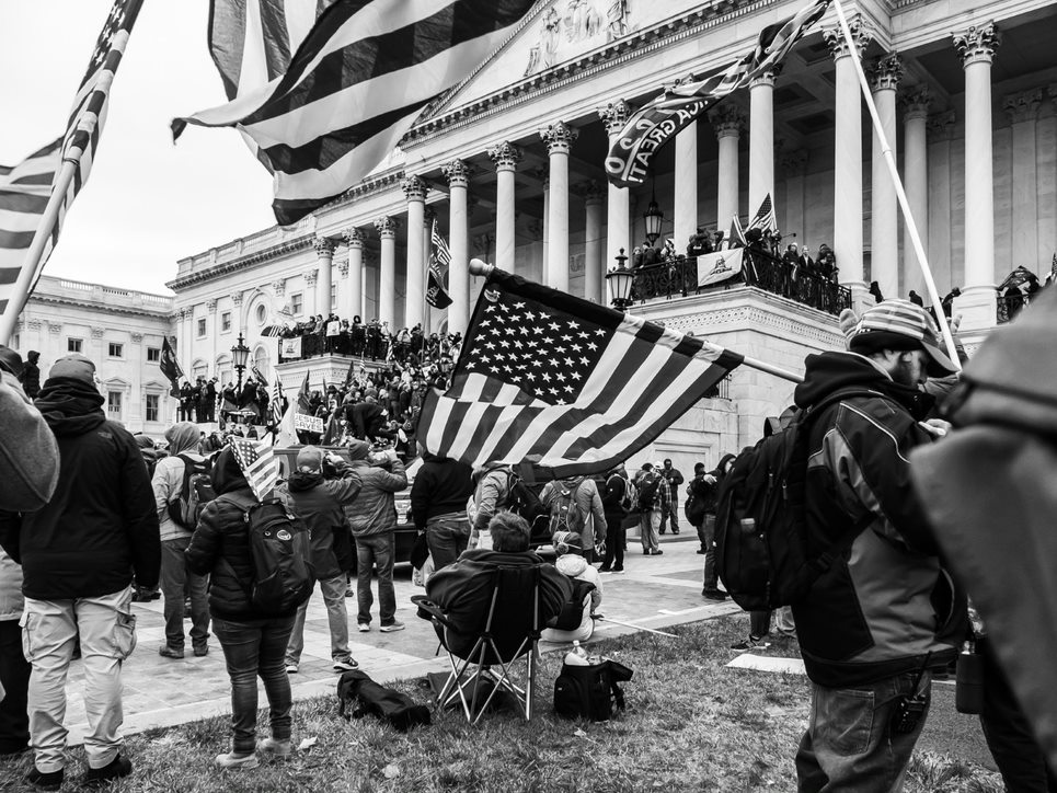Rioters in front of the Capitol.