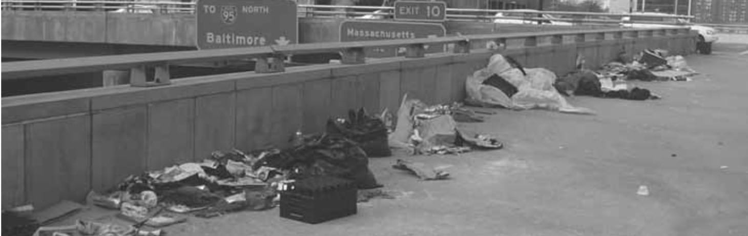 Picture of a freeway overpass where homeless men and women congregate during the day while shelters are closed during the day.
