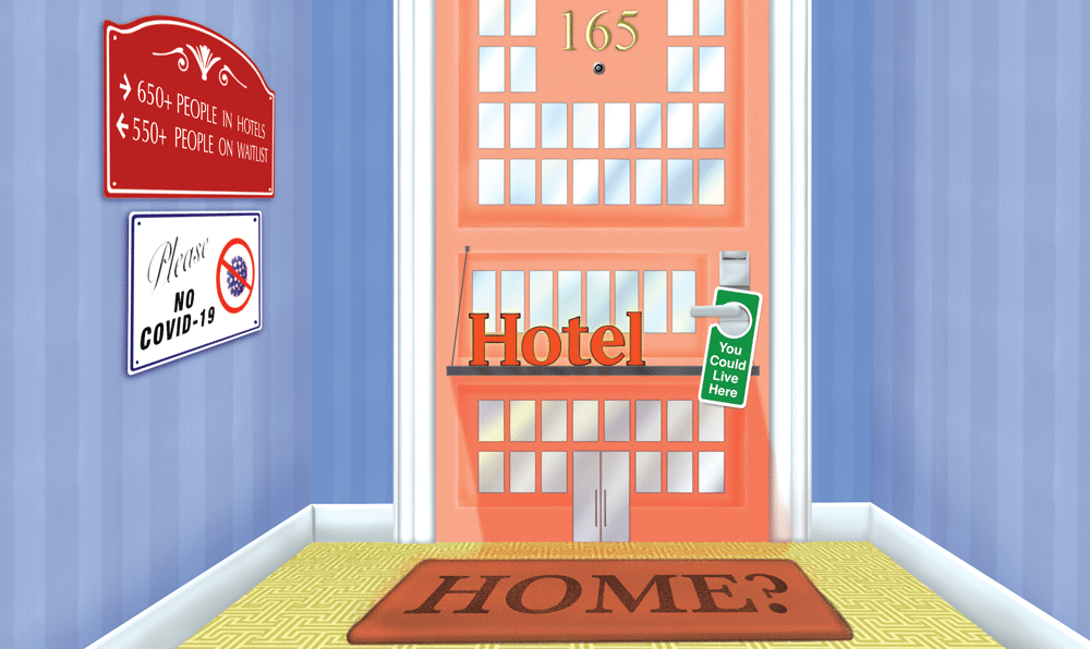 A door at the end of a hotel hallway. A door hanger says "You could live here." A mat in front of the door says "Home?" A sign on the wall says "Please, no COVID-19." Another sign on the wall says "650+ people in hotels. 550+ people on waitlist." The bottom of the door is made to look like the outer facade of a hotel.