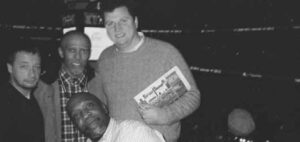 Vendor Frank Mearns, vendor manager Greg Martin, donor Mike Mullens and vendor Lawless Watson gear up for the Wizards v. Heat basketball game.