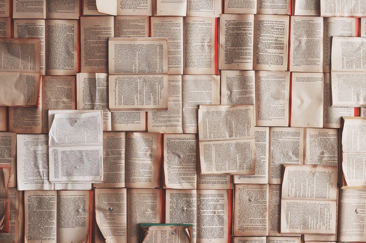 Photo of a wall of opened books, with pages only and no covers visible.