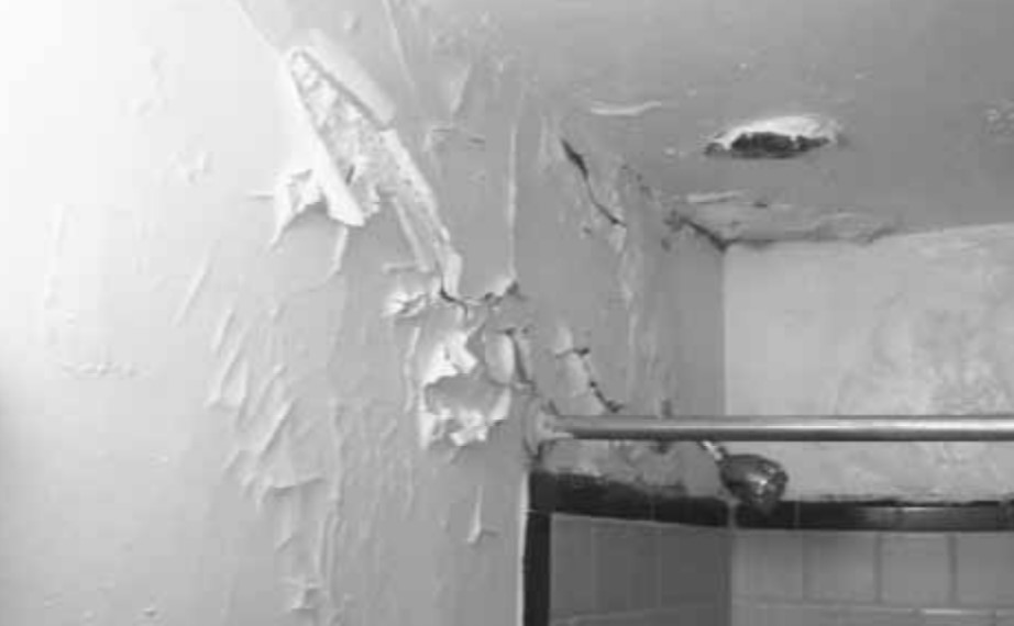 A photo of walls rotting and paint peeling away due to moisture.