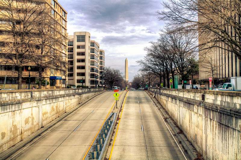 A photo of the Washington Monument from near the George Washington University Campus