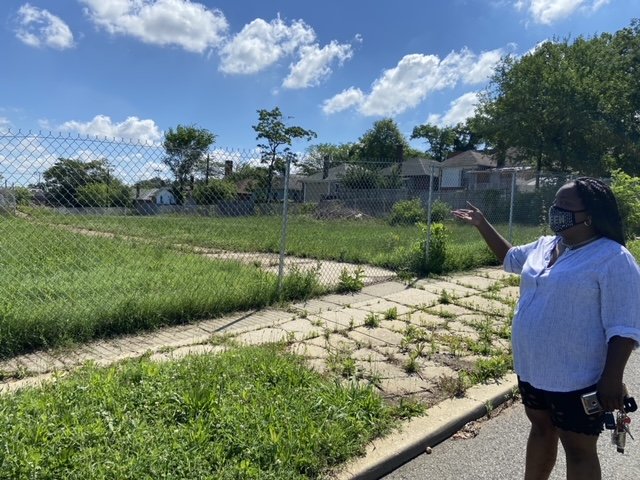 Belt stands before a vacant lot, covered by grass, with a metal fence surrounding it