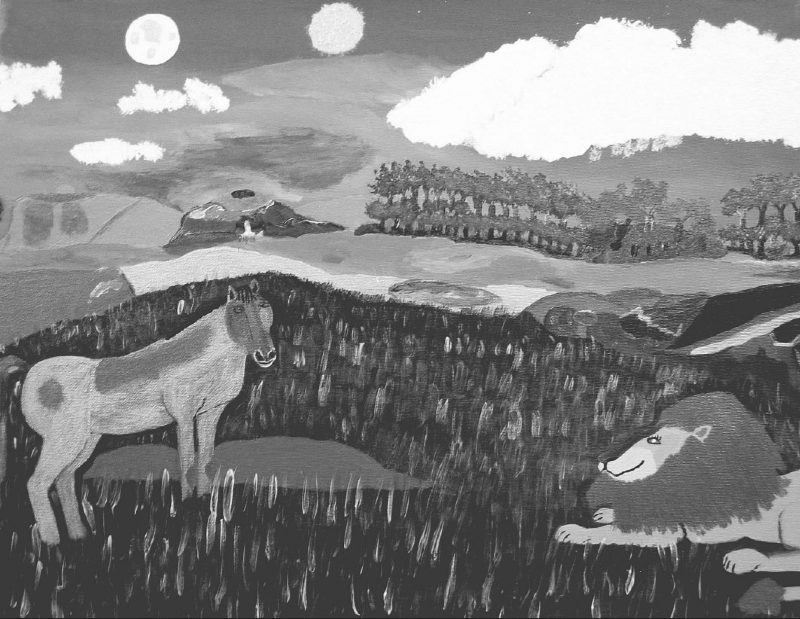 Painting of a landscape featuring a standing horse and a seated lion