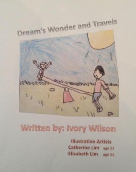 The book cover is drawn in crayon, and features a child and parent playing on a seesaw