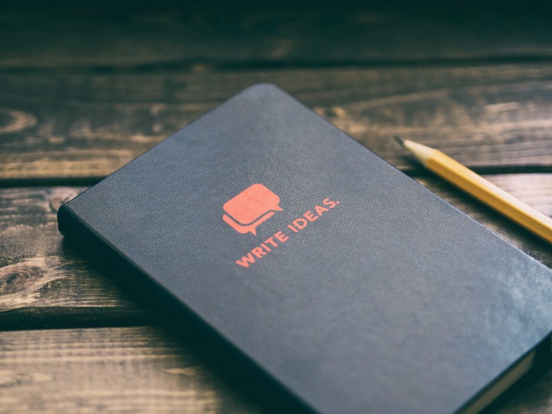 Photo of a journal with the words "Write Ideas" on the front