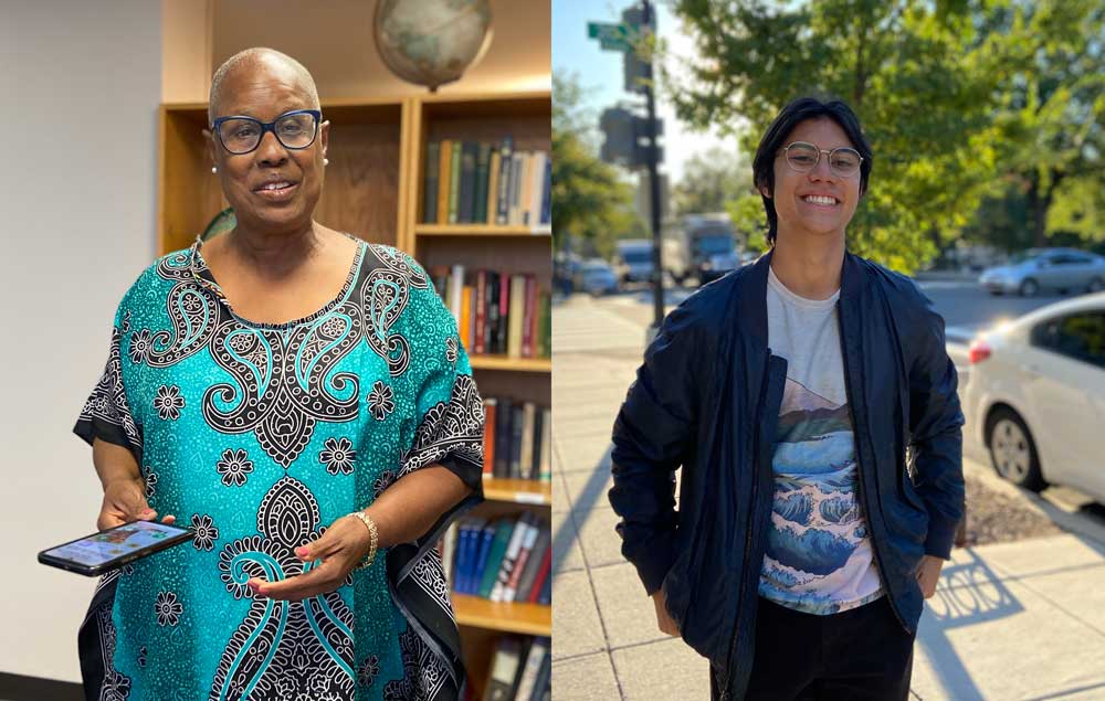 Two photos side by side, one of a woman in a library and holding a tablet. The other of a man walking outside.