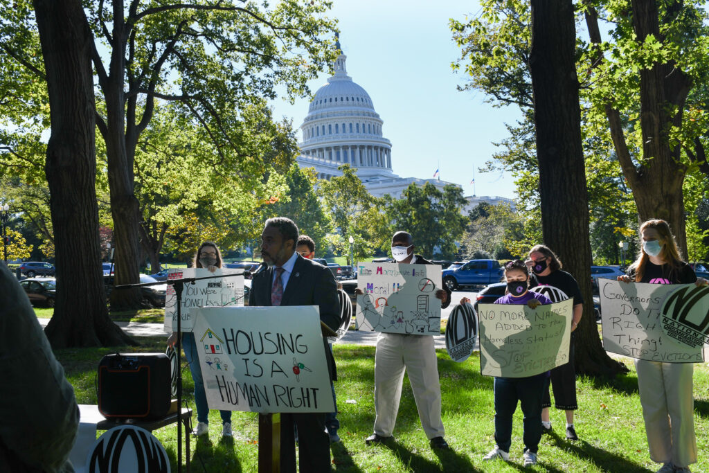 Image shows U.S. Rep. Steven Horsford speaking at a rally outside the U.S. Capitol